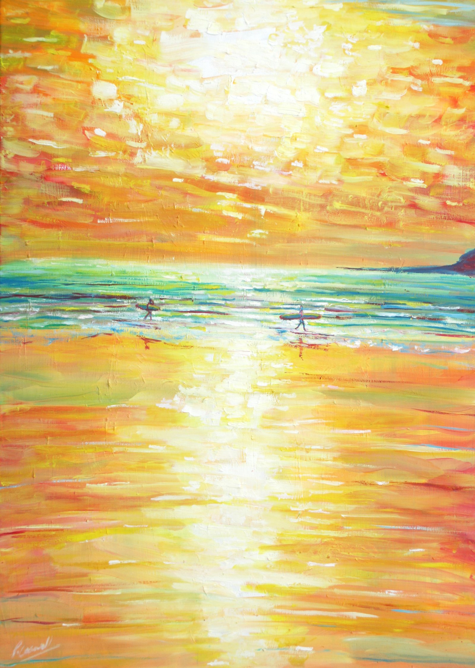 Yellow surfers at sunset oil painting for sale Pete Caswell