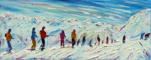 Grande Motte setting off to ski the gacier skiing snowboard painting