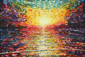 Very Large Oil Painting of sun setting over rippling waves