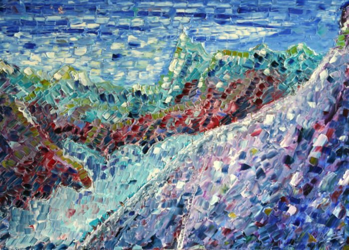 Ski Art Painting Aiguille Du Midi Descent, Mt Blanc at Chamonix and the Vallee Blanche - Image 1