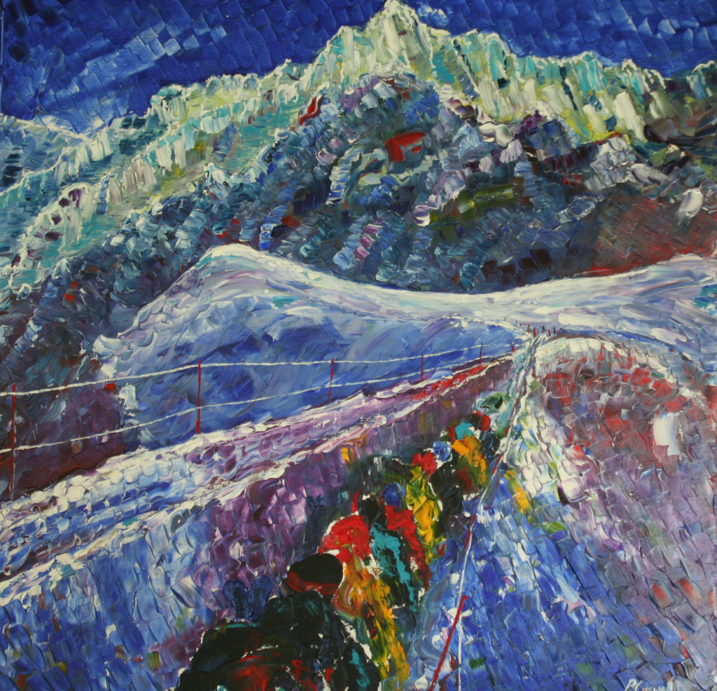 Aiguille du midi Chamonix ski snowboard large painting for sale