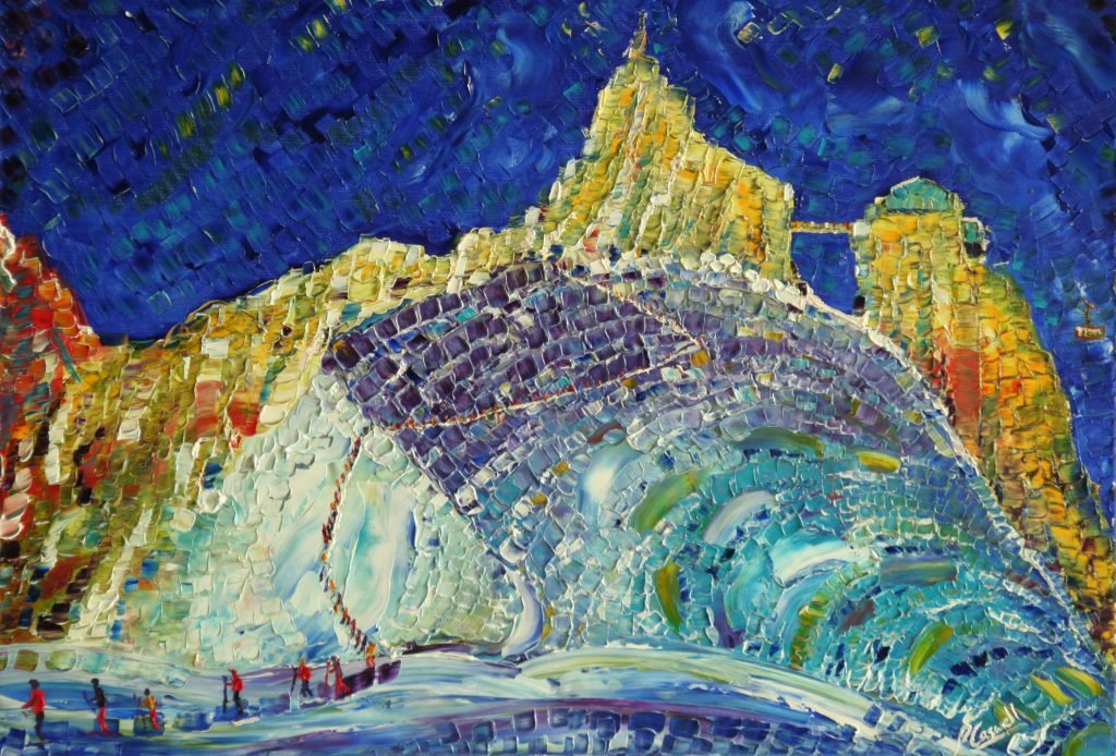 Aiguille du midi Chamonix ski snowboard large painting for sale