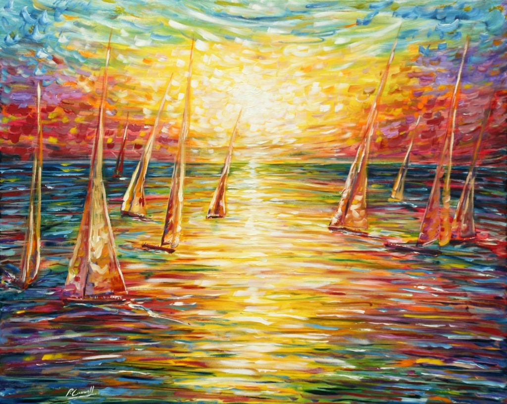 oil painting on canvas for sale, inspired by the starting line up for Caribbean RORC 600 race from last year in Antigua