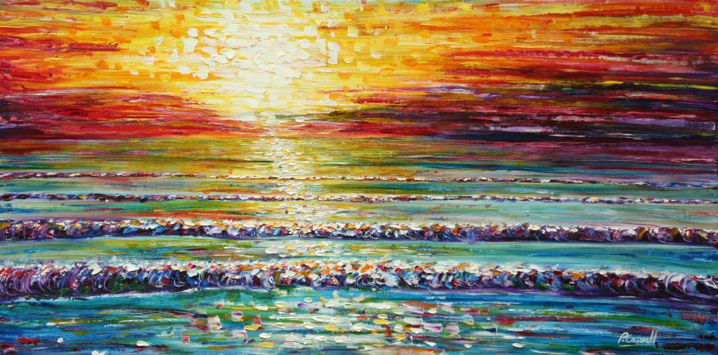Sunset in the waves at Saunton Sands beach painting for sale