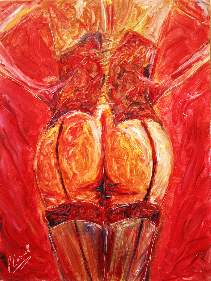 Red hot nude painting for sale with basque and stockings. Sexy