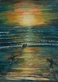 Surfers on the beach at sunset painting for sale