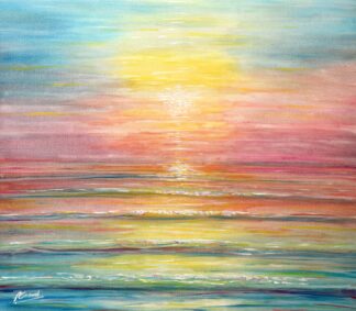Beautiful sunset ocean and beach painting pinks and turquoise