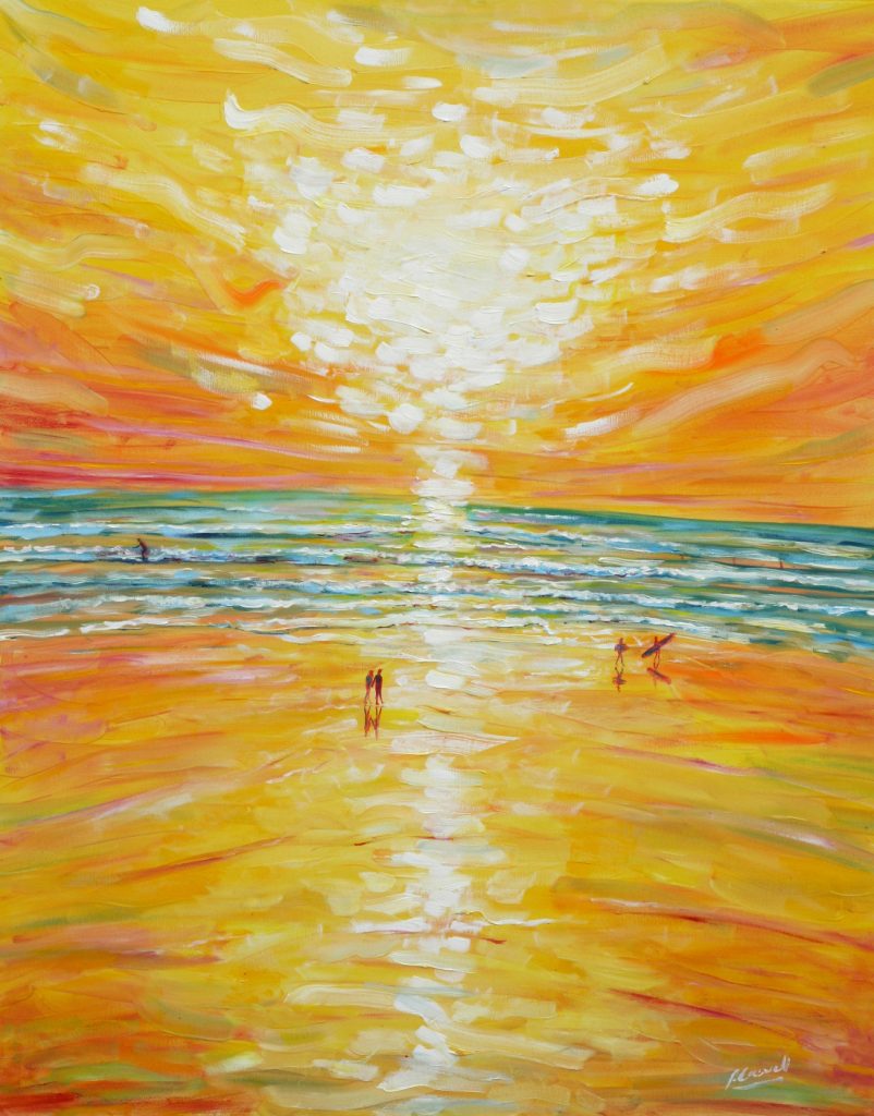 Saunton Sands yellow sunset oil painting with surfers for sale 