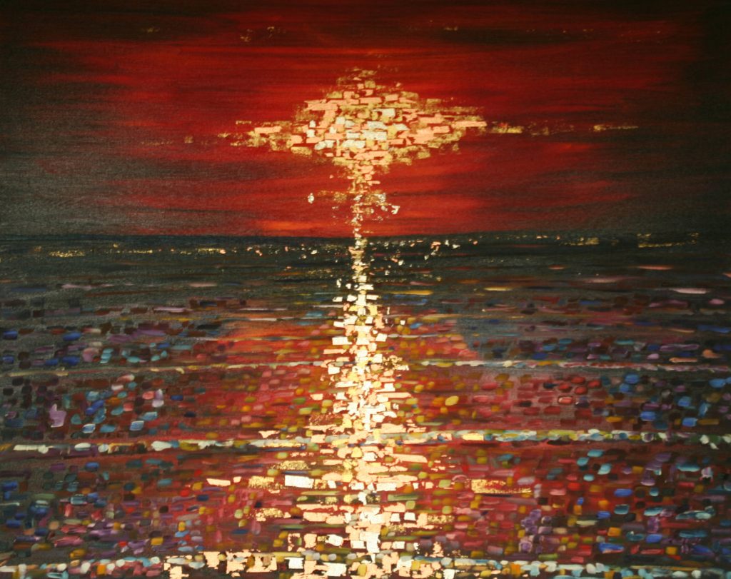 Large Gold Leaf Ocean Sunset Oil Painting For Sale