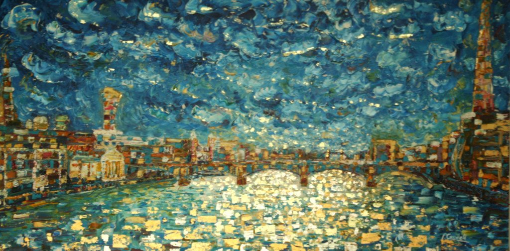 London Thames gold leaf large oil painting for sale. Southwark Bridge