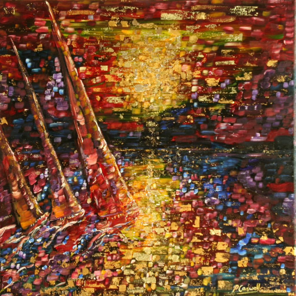 Large Gold Leaf Sailing Boat Sunset Painting For Sale