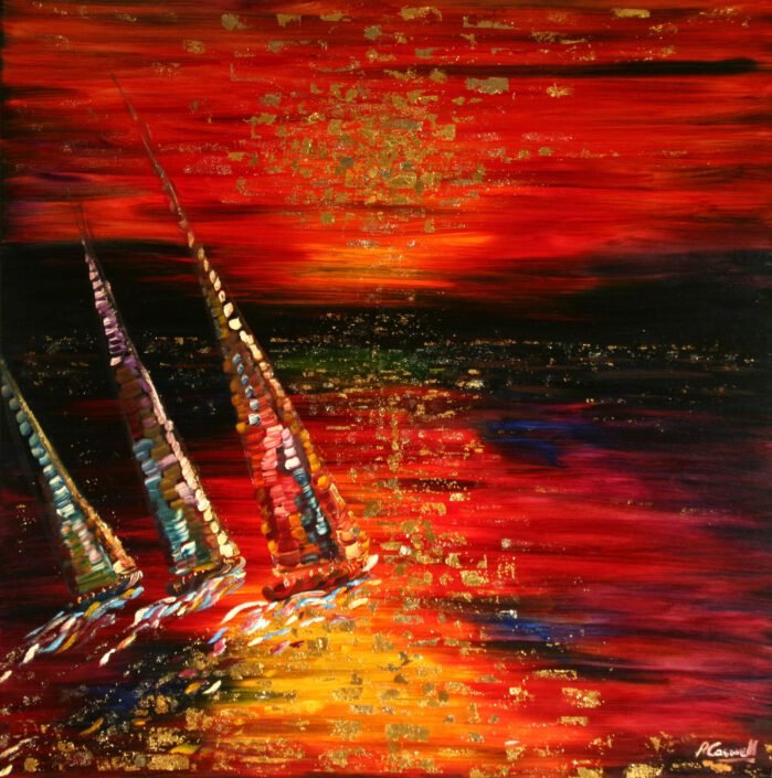 Sunset Painting sailing in Gold Leaf Oil Painting - Image 1