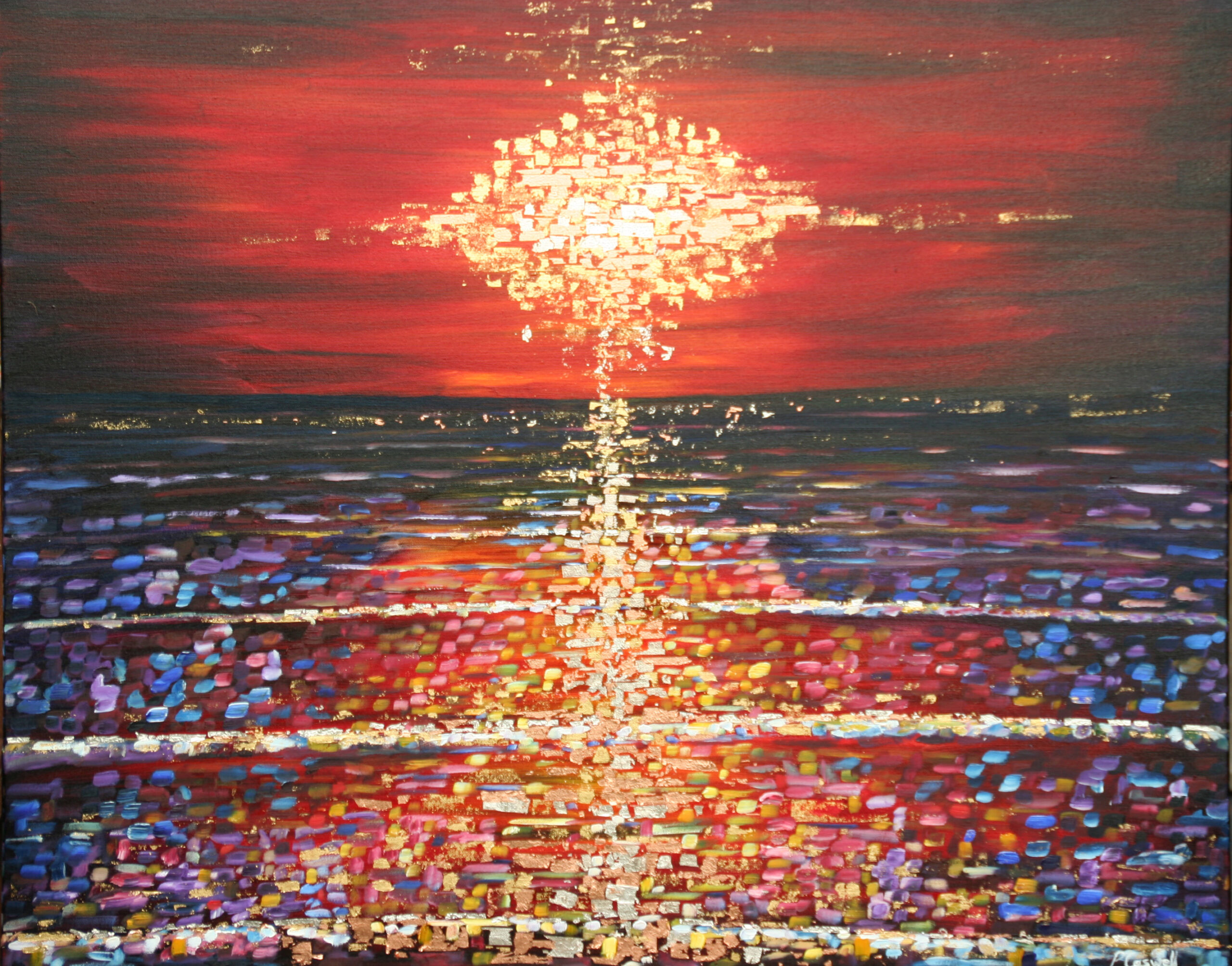 Gold Leaf Ocean Sunset Oil Painting For Sale