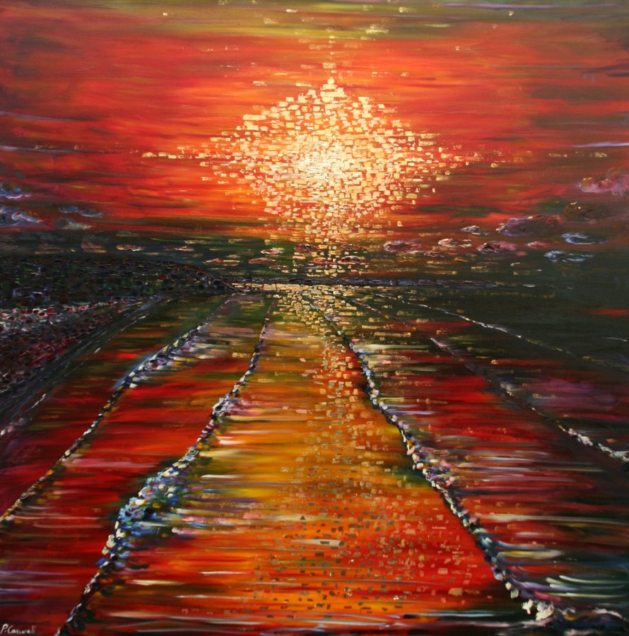Very Large Gold Leaf Painting of the sunset at Croyde Bay in North Devon