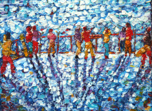 Four Valleys Switzerland - Verbier, Siviez, Nendaz - Collection of Skiing and Snowboard Paintings For Sale.