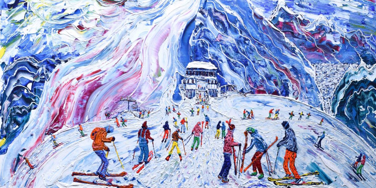 Tignes Val d'Isere Grande Motte Painting. Skiing and Snowboard painting by Pete Caswell as a ski print.