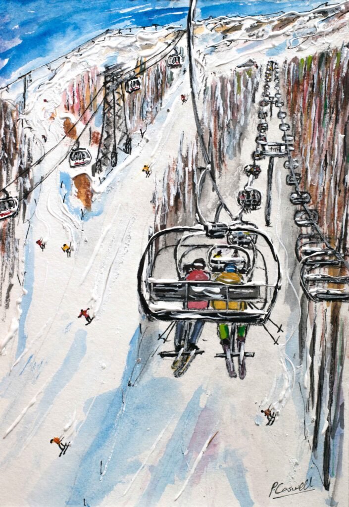 Val D'Isere Chair Lift Ski Art Painting La Face de Bellevarde