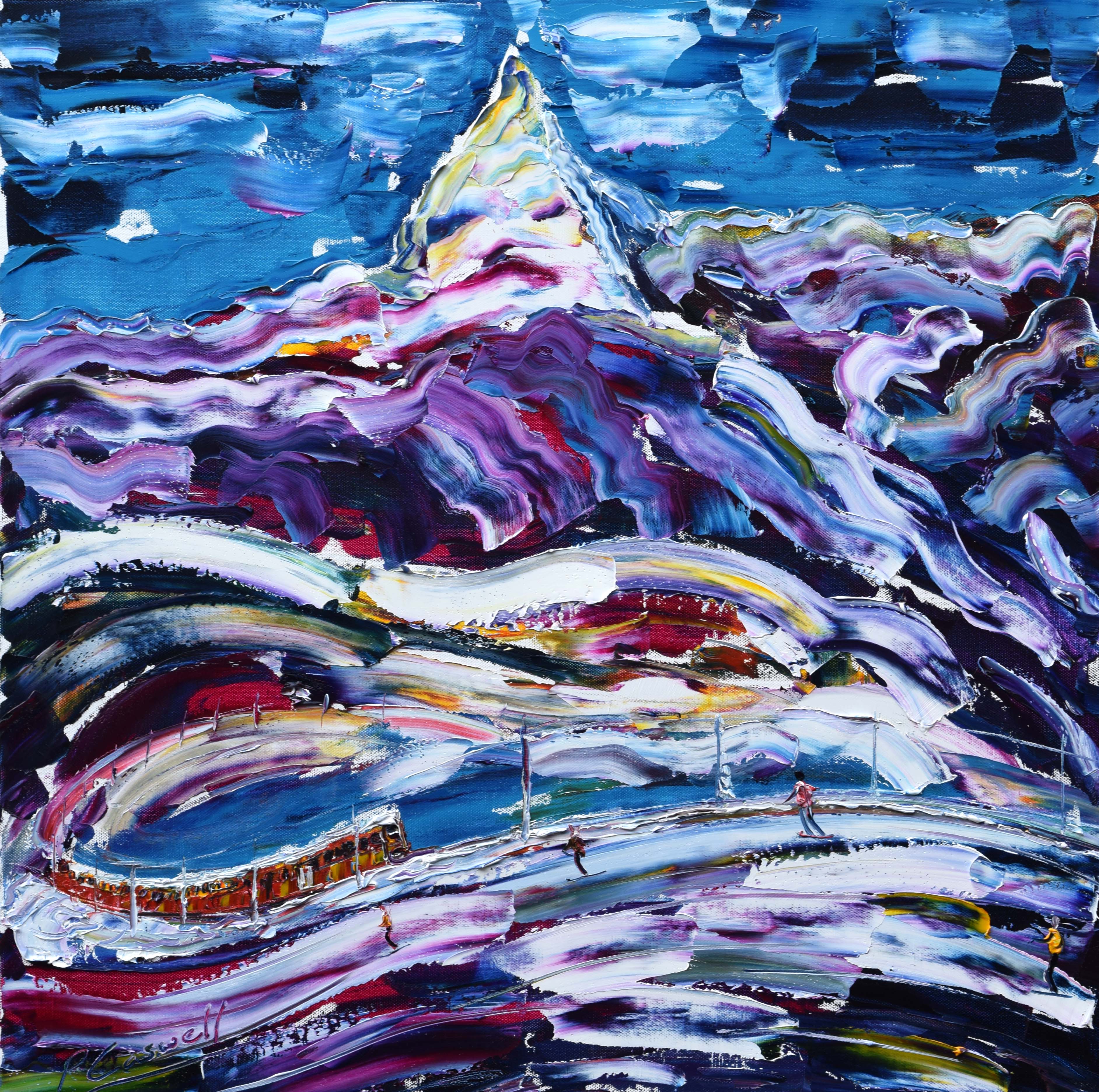 Zermatt Matterhorn pistes and mountain railway painting for sale