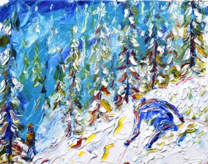 Full of life in the trees above Siviez near Verbier in the Three Valleys. Knee high powder and sunny slopes make this one of those dream like days with turqoiuses and blues and thick textured brush strokes.
