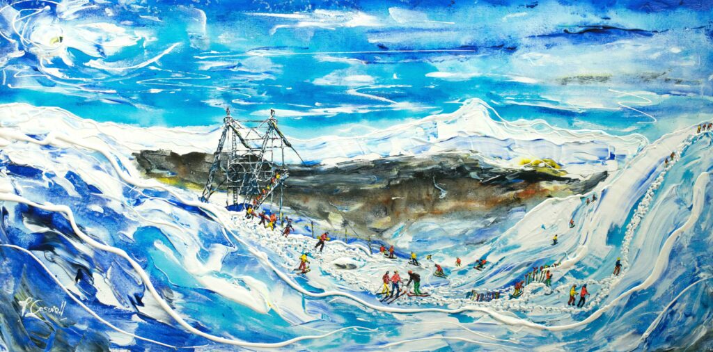 Les Arcs Ski Poster Ski Print and Painting above Les Arcs 2000 and Mt Blanc