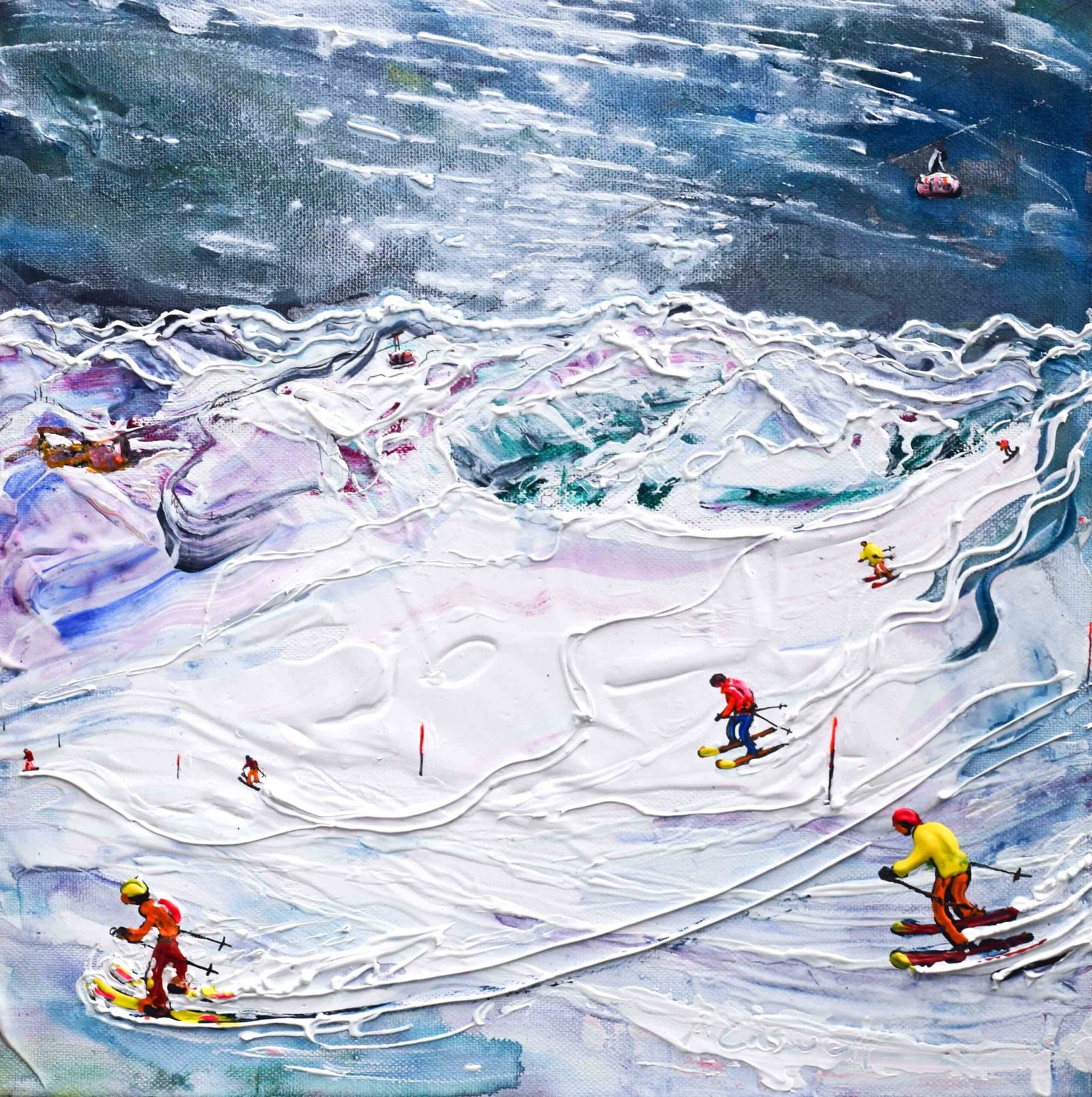 Davos Klosters ski painting. Skiing art paintings.