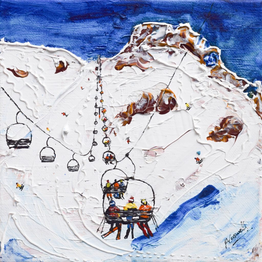 Tignes Le Lac and Val d'Isere Chair lift ski art painting