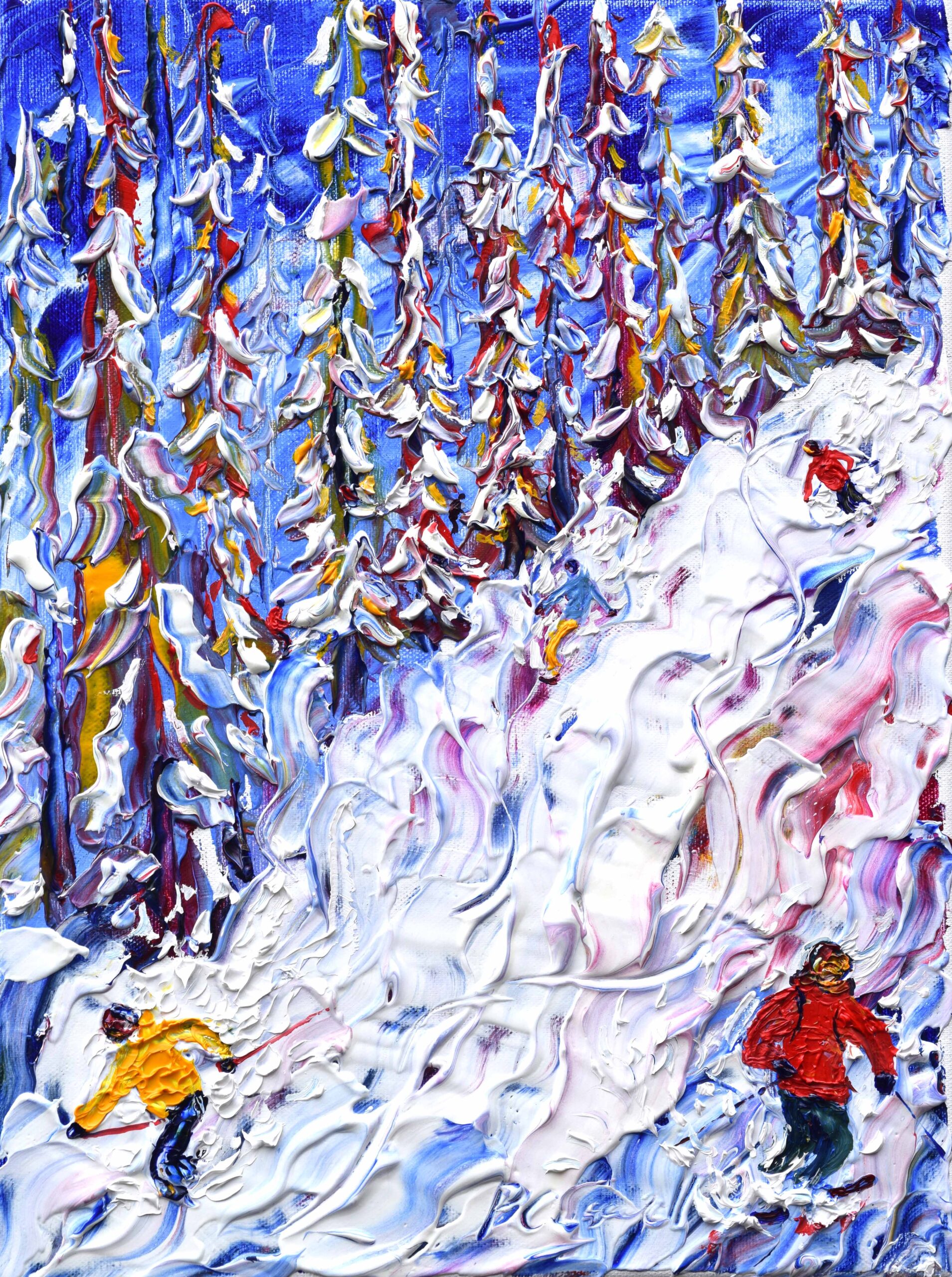 Morzine off piste skiing painting in the woods