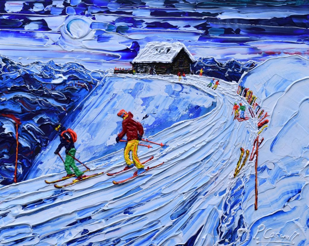verbier restaurant painting of skiers leaving the cabane restaurant in winter