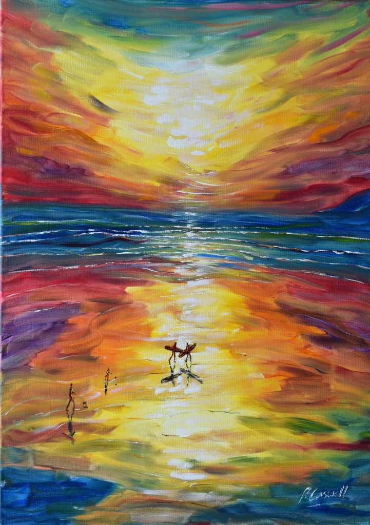 Surfers sunset painting