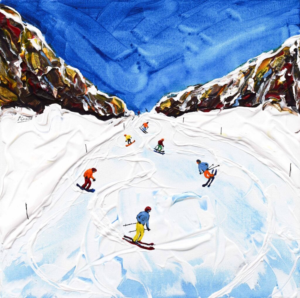 Ski Painting and Ski Print of Les Rousses in Alpe d'Huez was one of my favourite pistes leading onto La Fare and down to the Envirsin lift and pick up some lunch