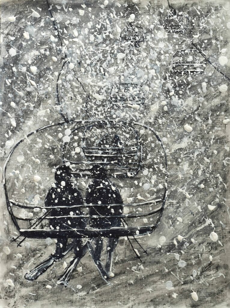 Vintage ski poster in a storm on a Chairlift skiing painting black and white